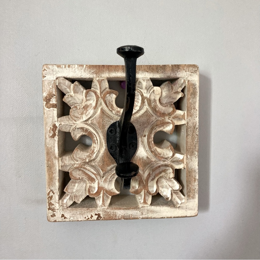Rustic White Carved Wood Wall Hook with Black Iron Hook